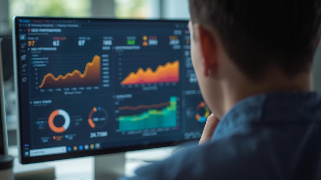 SEO analytics dashboard with traffic and ranking charts